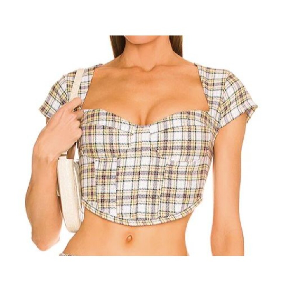 Danielle Guizio Tweed Knit Sweetheart Neck Crop Top Cap Sleeves Milkmaid Plaid S